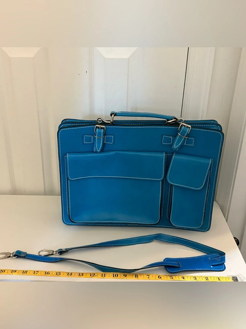 Blue Leather Laptop Bag with Front Pockets